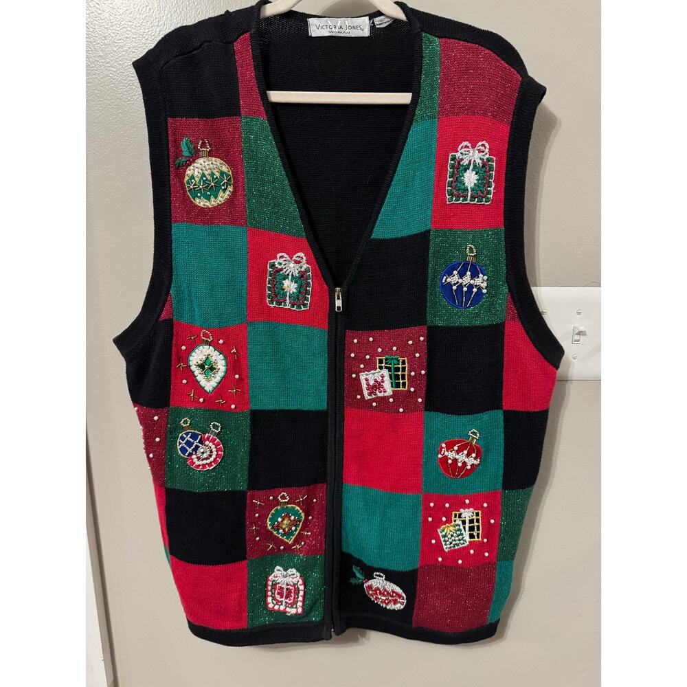 VTG Victoria Jones Women’s Plus Holiday Sweater Vest Zip Up Embroidery Lurex